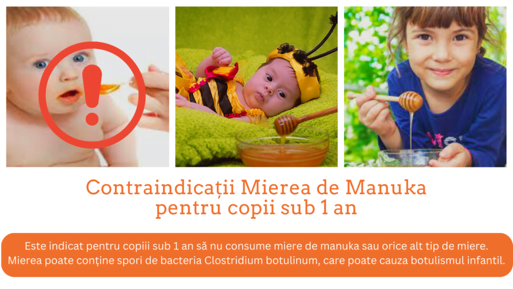 Este indicat pentru copiii sub 1 an să nu consume miere de manuka sau orice alt tip de miere. Mierea poate conține spori de bacteria Clostridium botulinum, care poate cauza botulismul infantil.